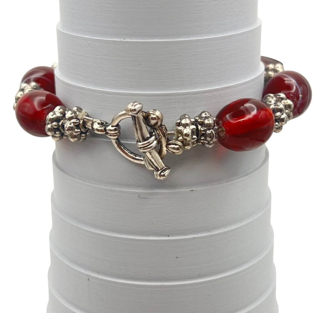 Handcrafted Glass Beads Bracelet Silver-Tone Accents Toggle Clasp Floral 6.25" - Picture 10 of 11